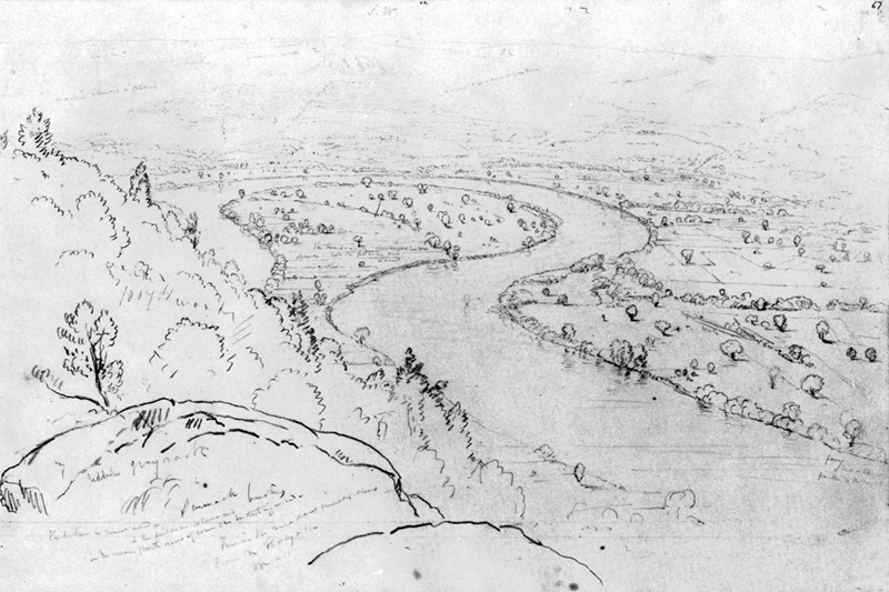 Preparatory drawing of a river bend for 