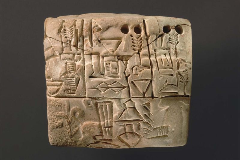 Proto-Cuneiform tablet with seal impressions: administrative account of barley distribution with cylinder seal impression of a male figure, hunting dogs, and boars