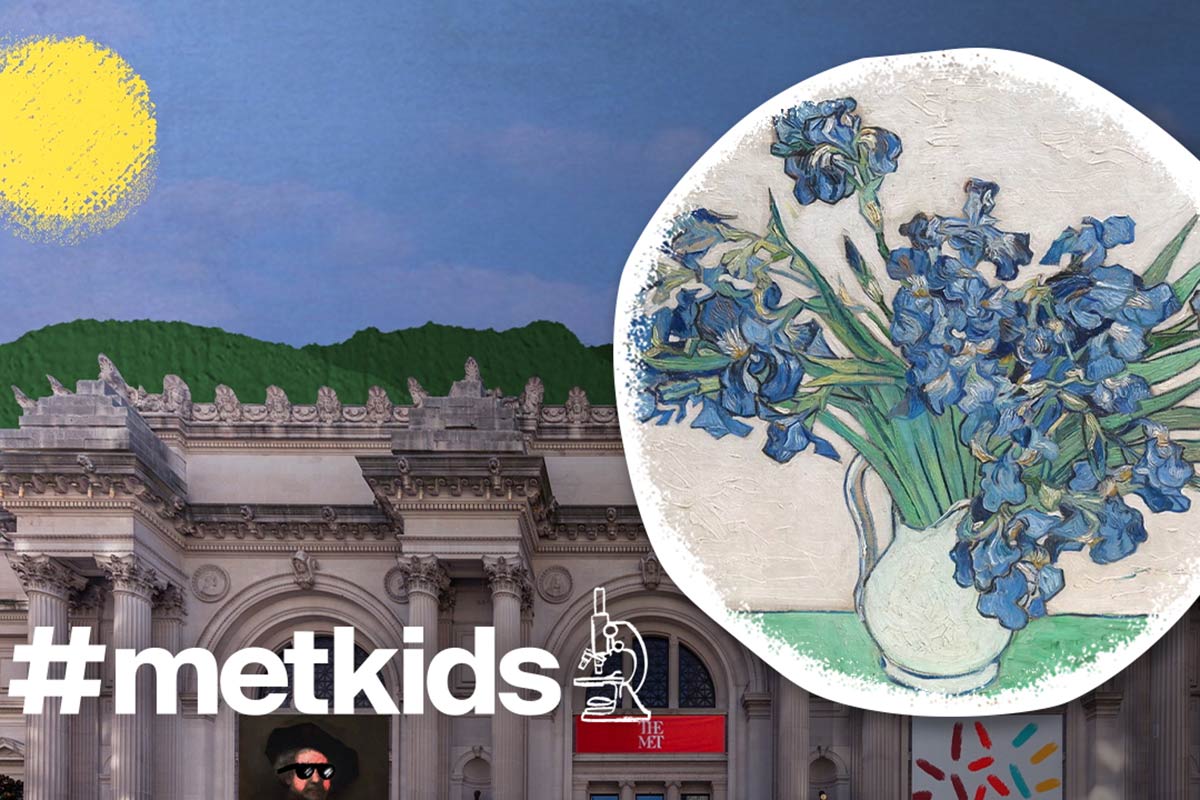 A cartoon image of The Met's facade with a cartoon sun shining light rays down on the building, beside an inset  still-life painting of blue irises in a vase on a green table. Bottom text reads hashtag MetKids and an icon indicating a microscope.