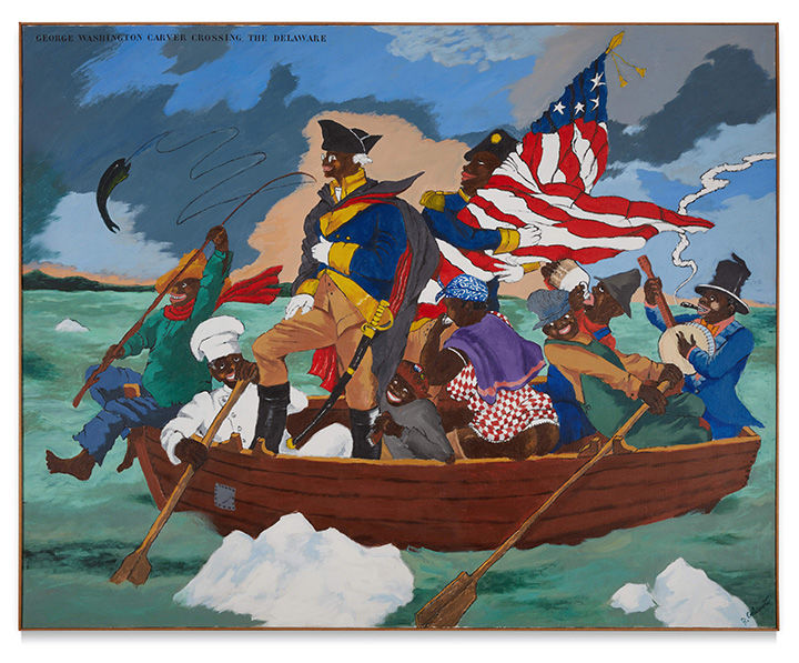 The artist Robert Colescott's study for George Washington Carver Crossing the Delaware depicts a tin-patched boat—too small for the passengers attempting to row in opposite directions—helmed by Carver.