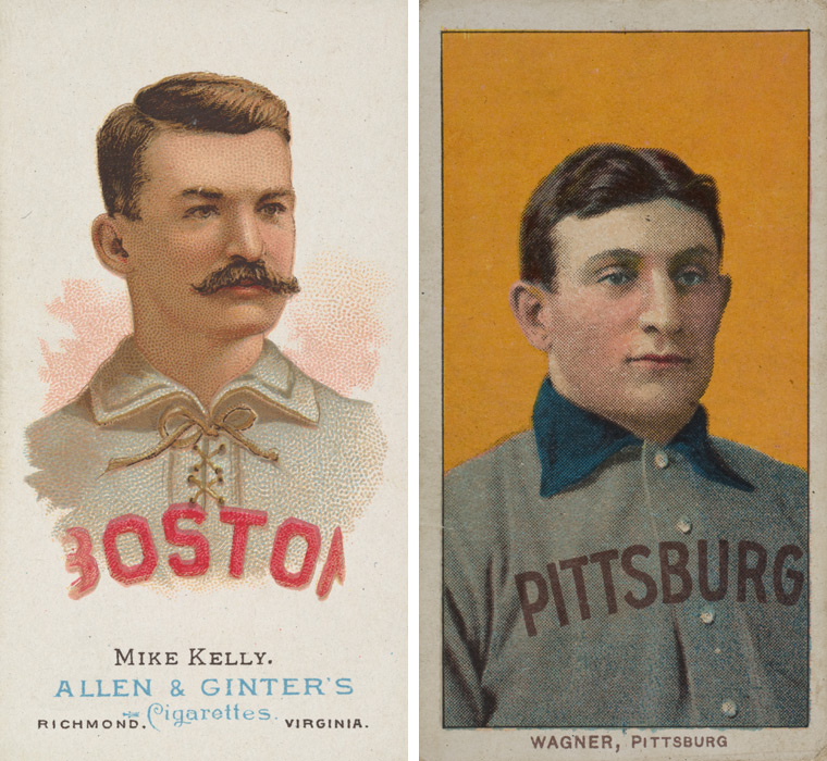 Two vintage baseball cards from the Jefferson R. Burdick collection: Mike "King" Kelly (left) and Honus Wagner (right)