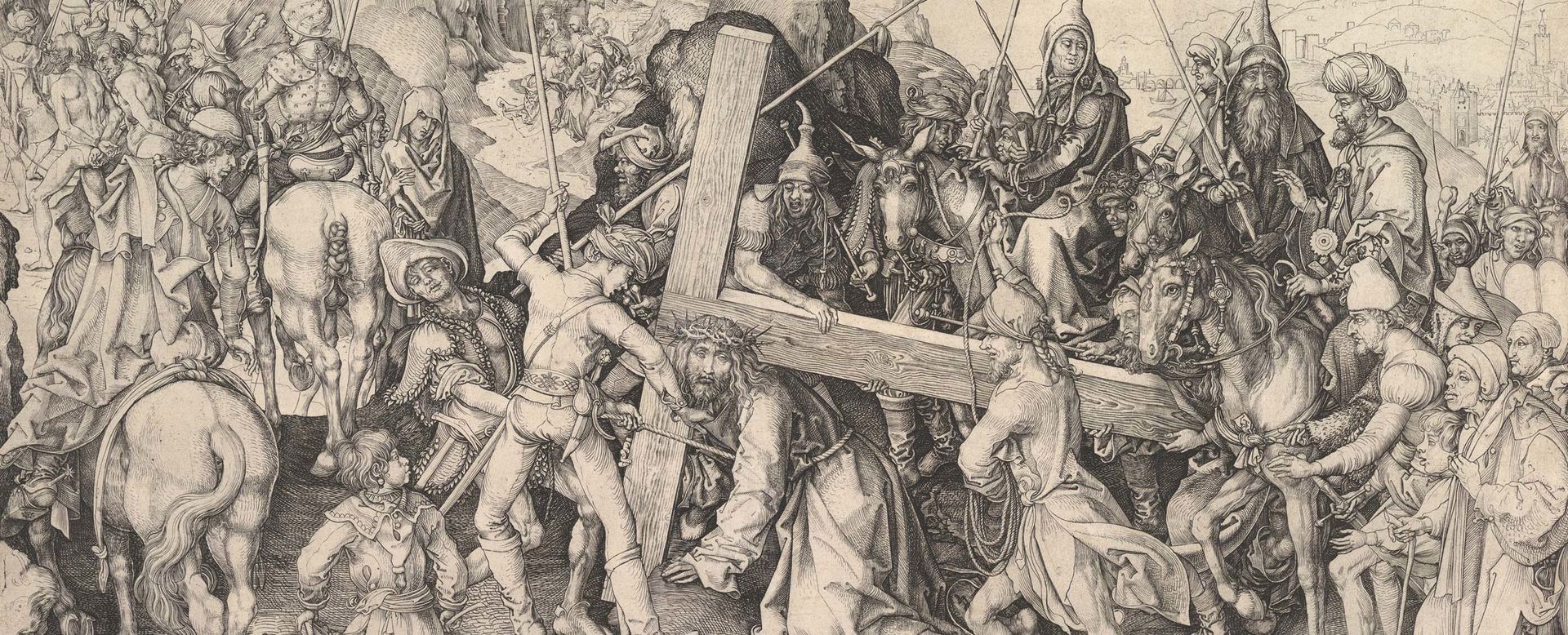 Engraving by Martin Schongauer depicting Christ carrying the Cross amid a throng of onlookers