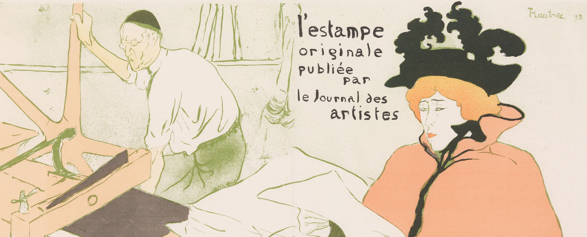 Detail view of a Toulouse-Lautrec lithograph showing a woman reading a page at a printing press