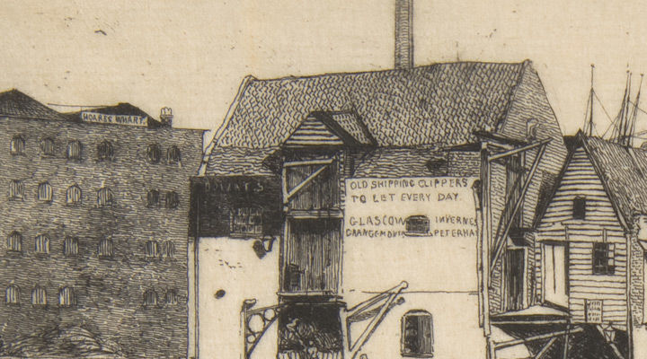 Detail of a James McNeill Whistler etching showing a building located next to a wharf