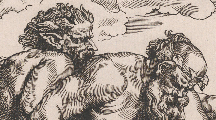 Detail view of two figures from the woodcut "The March of Silenus" by Christoffel Jegher (after Peter Paul Rubens)