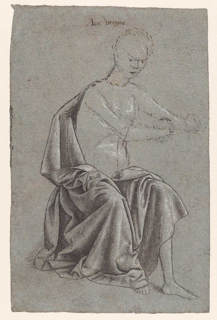 A 15th century Lombard School pen with brown ink and wash drawing, highlighted with white gouache, over black chalk of a study of a seated Mannequin with drapery.