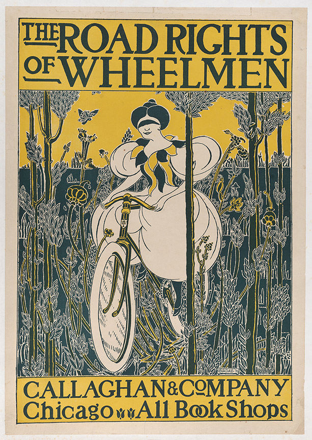 A commercial color lithograph of a woman riding a bicycle titled, "The Road Rights of Wheelmen," by E. Nadall. 