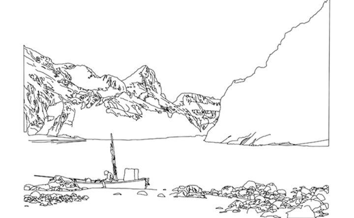 Line drawing of Timothy H. O'Sullivan's Black Cañon, showing the shore of a lake with a small boat and mountains