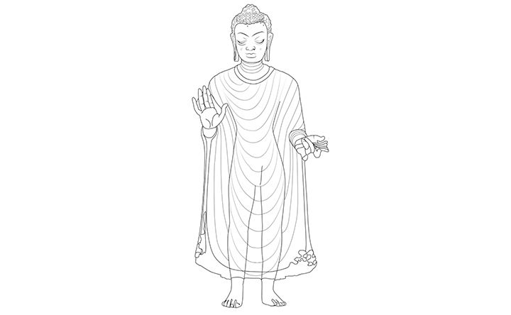 Line drawing of a statue of the Buddha from India