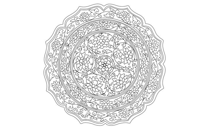 Line drawing of a decorative dish with scalloped rim