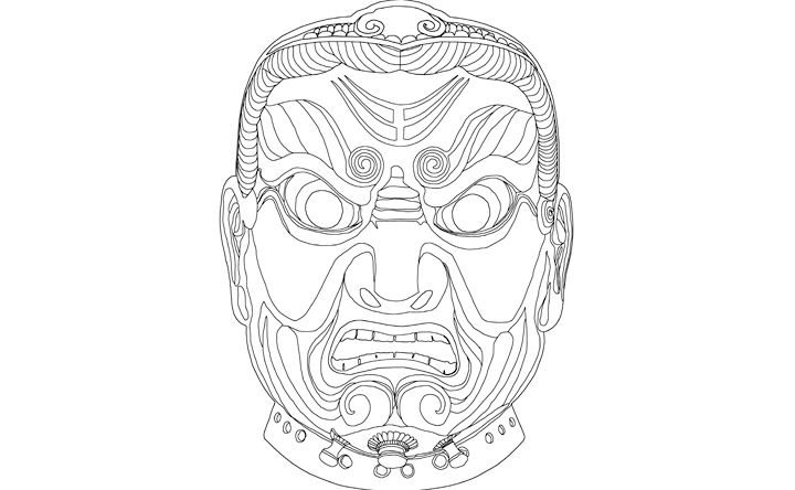 Line drawing of an Japanese Edo period mask.