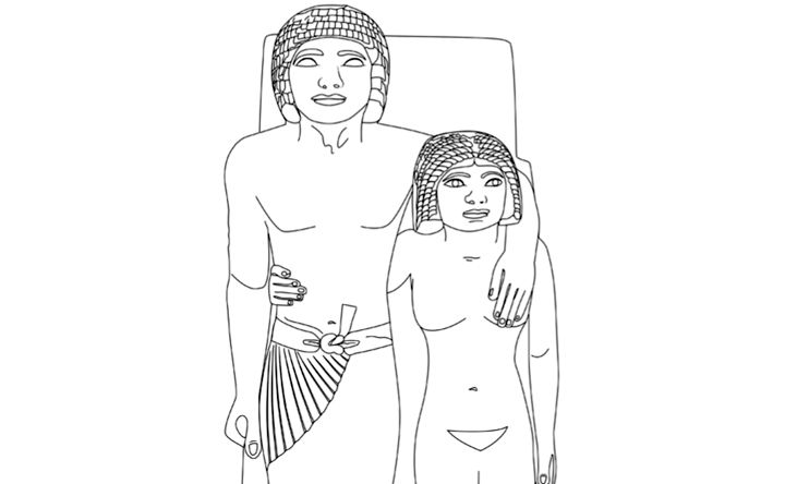 Line drawing of an Egyptian relief sculpture of a man and a woman standing next to each other with an arm around the other