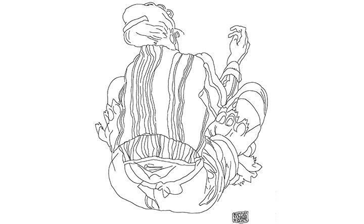 Line drawing of Egon Schiele's Seated Woman, Back View.
