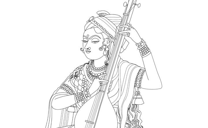 A line drawing of an Indian woman playing a tanpura 