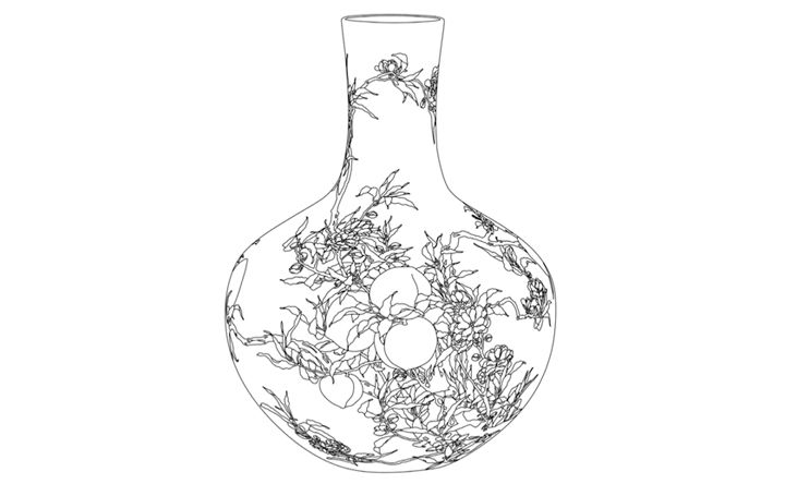 Line drawing of a Chinese vase decorated with peaches
