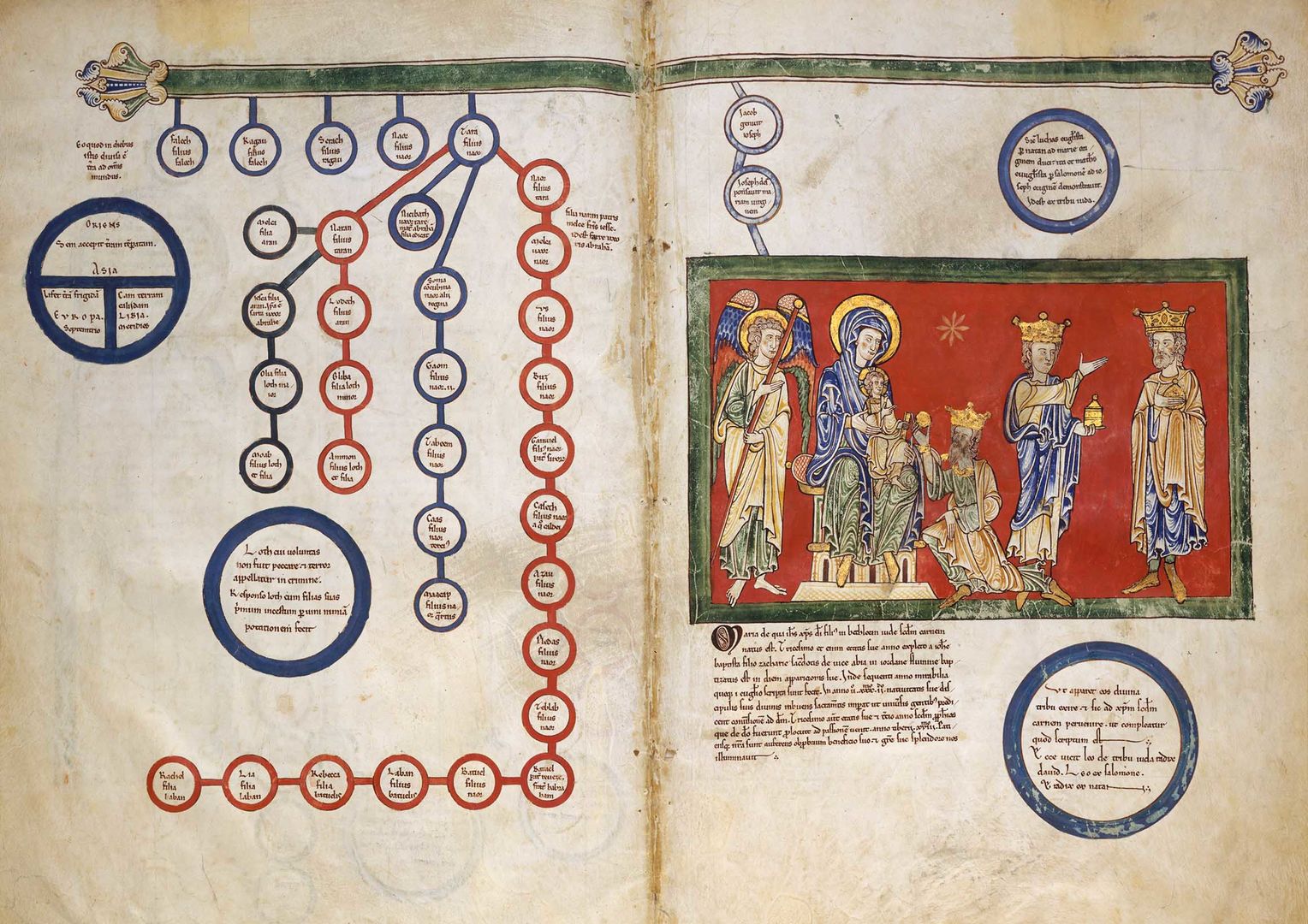 A bifold from an Austrian manuscript with an illustration of the magi presenting gifts to Mary and Jesus