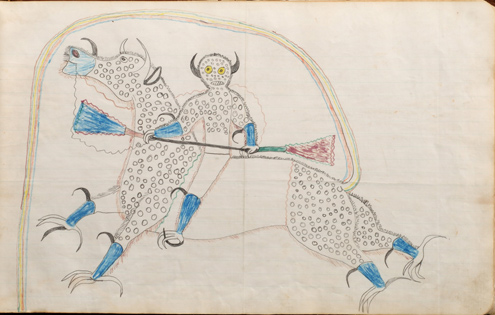 Ledger Drawing, Dream or Vision of Himself Changed to a Destroyer or Riding a Buffalo Eagle