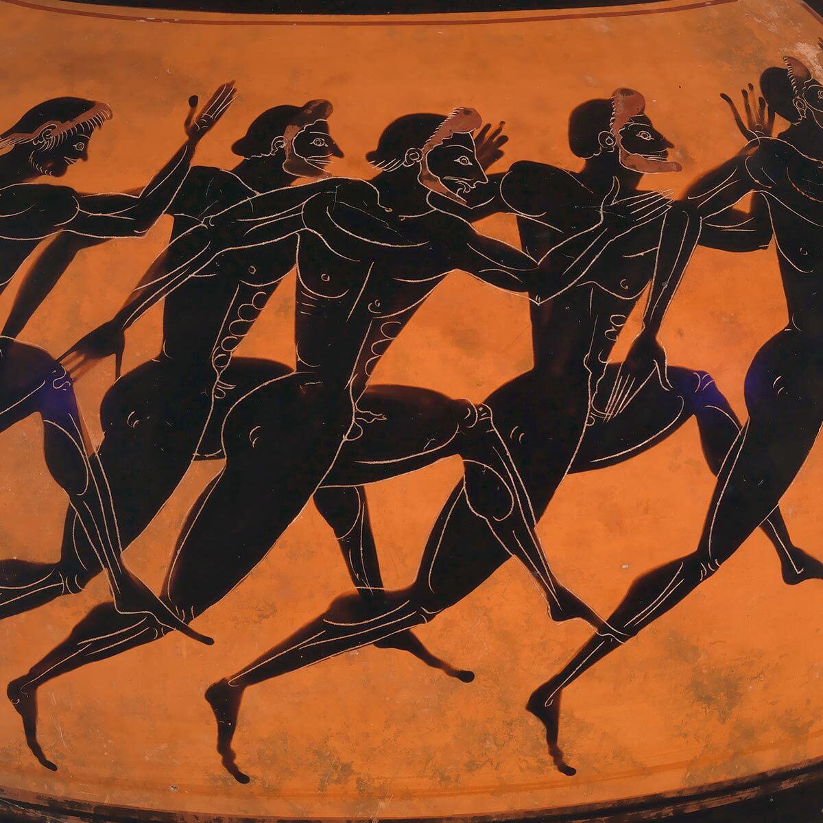 This vase depicts a group of men racing in a crowd