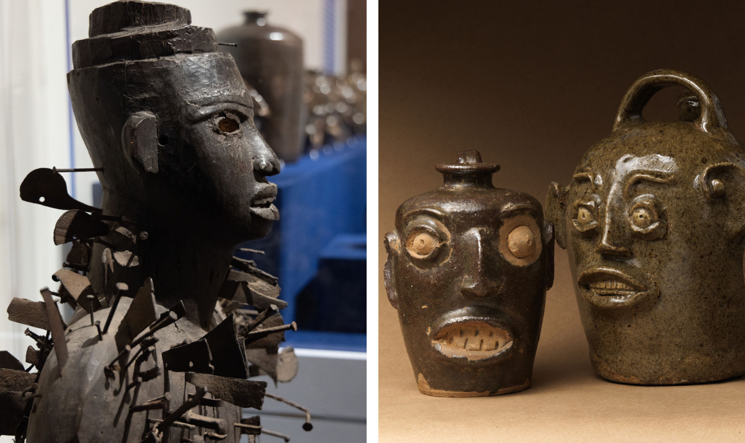 Diptych of a power figure at the Hear Me Now exhibition at The Met fifth avenue and two face jugs from the same exhibition photographed in a studio in front of a light brown background