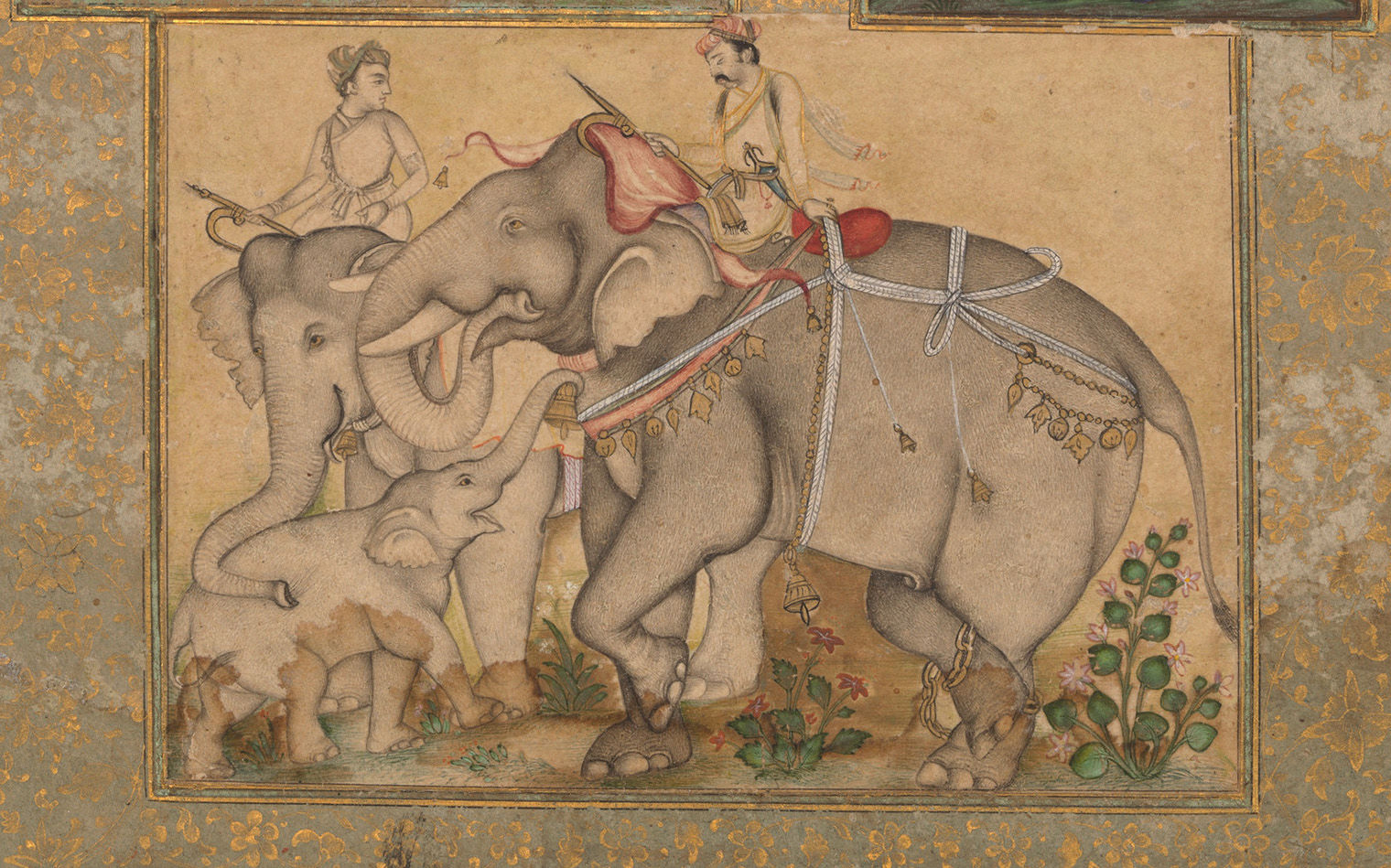 A light shaded gathering of elephtants, with a man and woman riding on the backs of the elephants. 