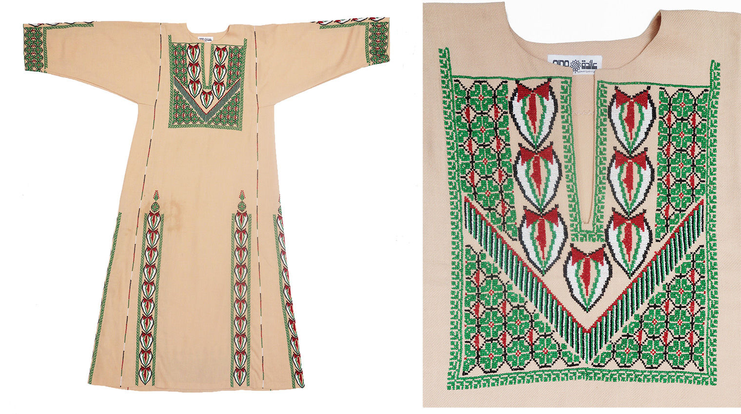 At left, beige linen thobe with green, red, and black embroidery. At right, detail image of the embroidered chest panel.