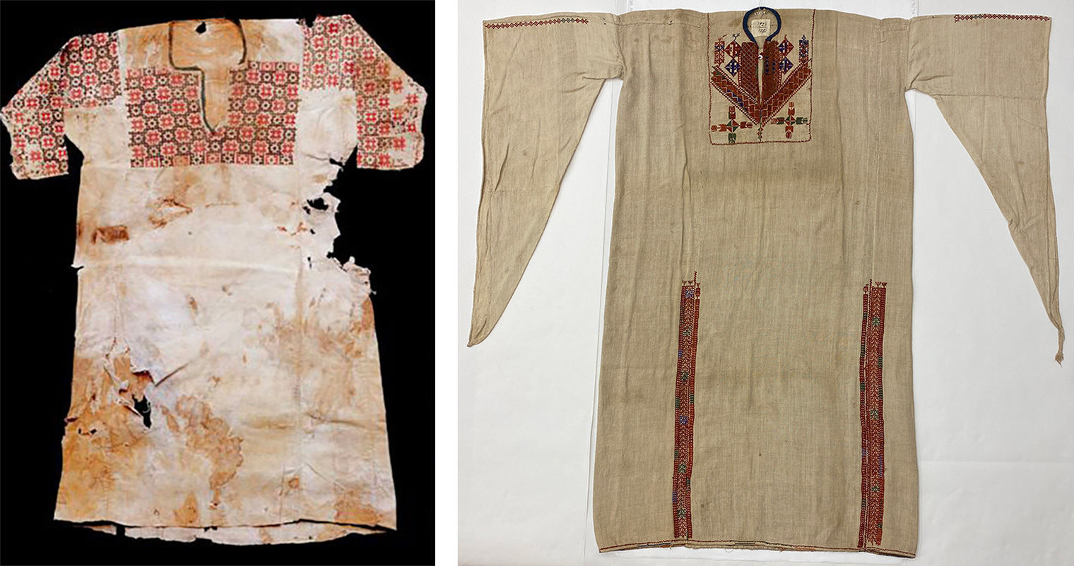 At left, an image of a tattered dress with detailed embroidery along the chest panel and sleeves. At right, an image a thobe laid out flat. The material is simple beige linen, with embroidery in the chest panel and along skirt seams.