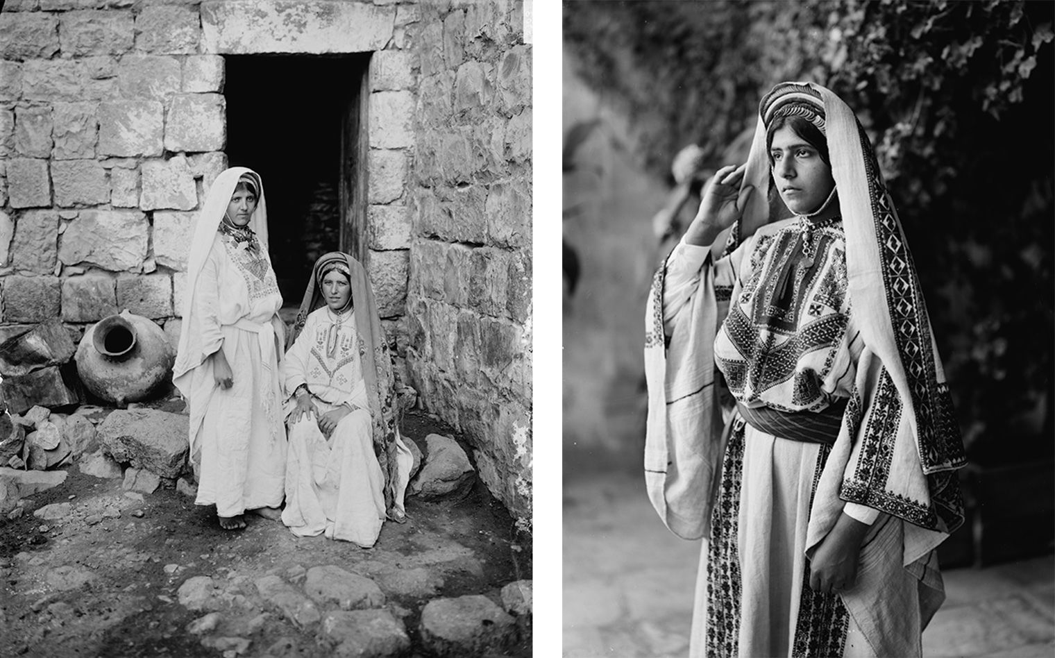 Two black-and-white photographs of women wearing embroidered throbes. At left, two women, one standing and one seated, pose in front of a stone entryway. At right, a young woman poses with her right hand touching her headscarf. Her throbe is heavily embroidered.