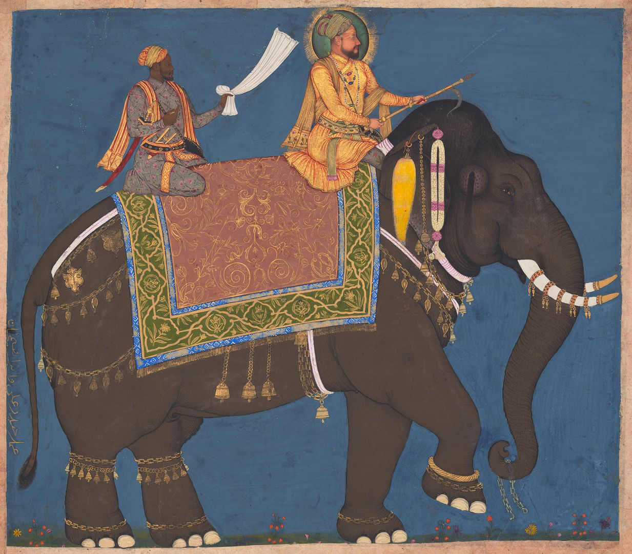 Painting of an elephant adorned with decorative cloth and jewelry with two riders against a blue background