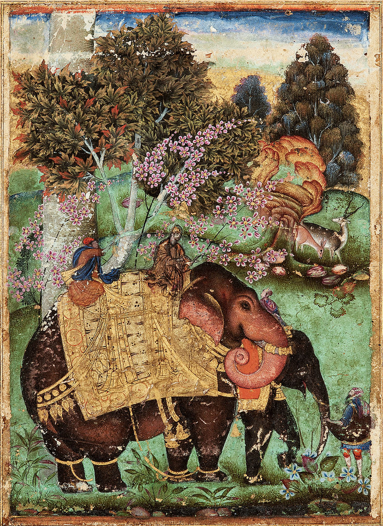 Painting of two elephants with riders and attendants in a natural landscape