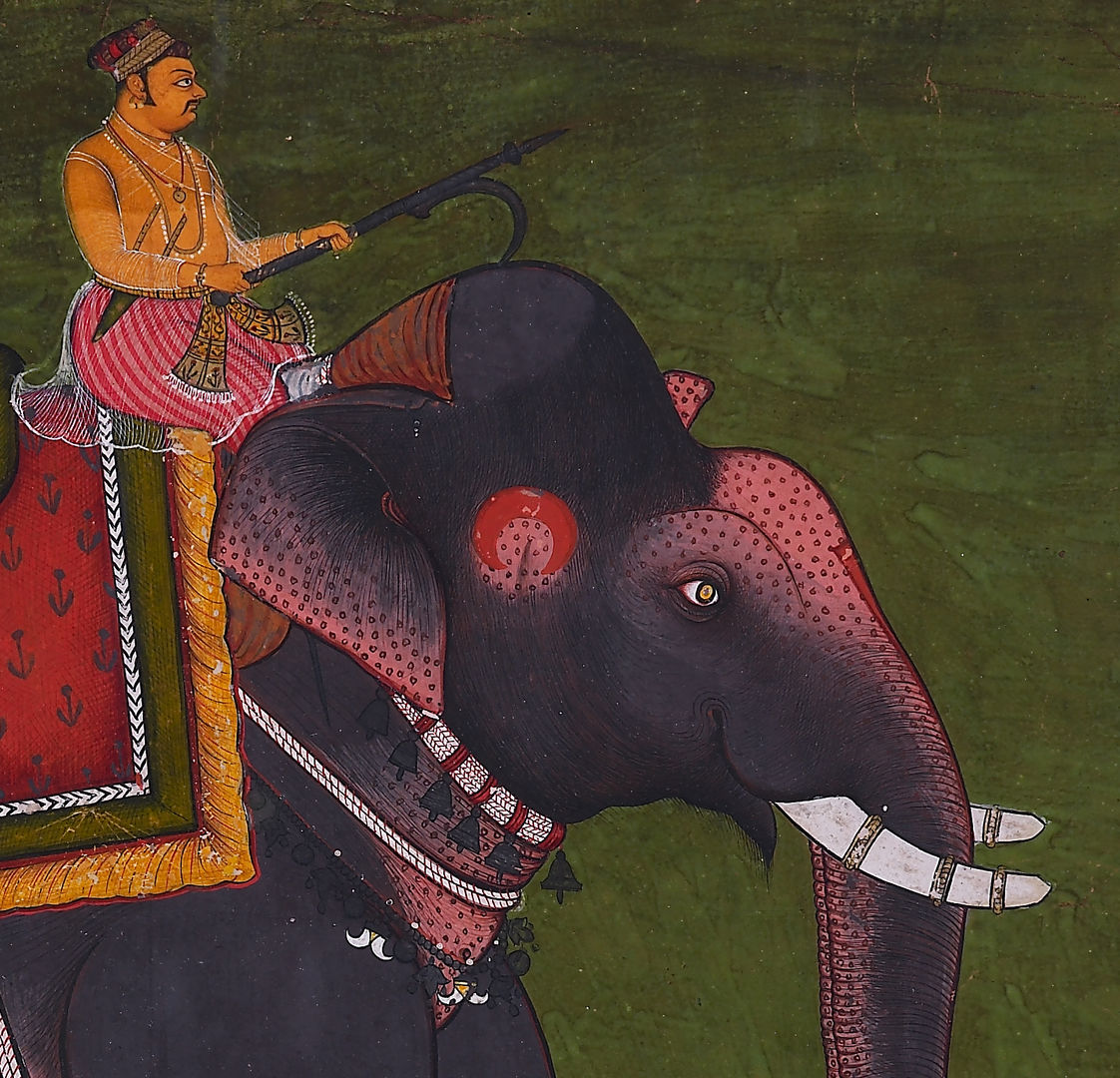Close up of a painting of an elephant with makeup and a rider against a green background