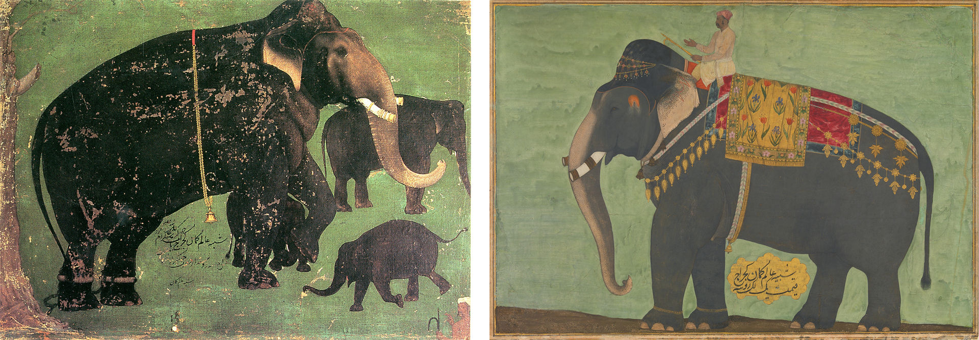 painting of an elephant with two smaller elephants on the left and painting of an elephant with a rider against a green background on the right