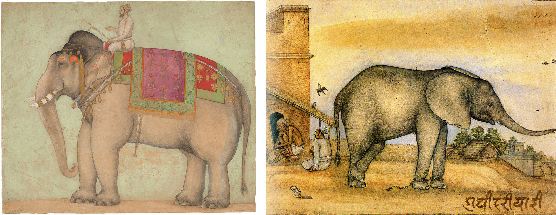 painting of an elephant with a rider on the left and painting of an elephant on the right