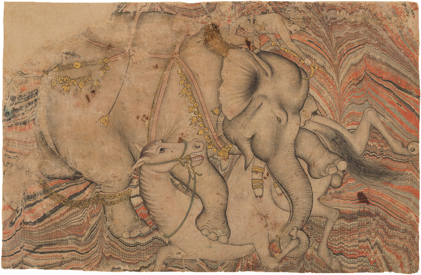 painting of an elephant trampling a horse
