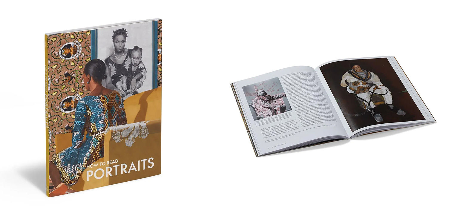 At left, cover of the book How to Read Portraits featuring Mother and Child by Njideka Akunyili Crosby. At right, the book is opened to interior pages.