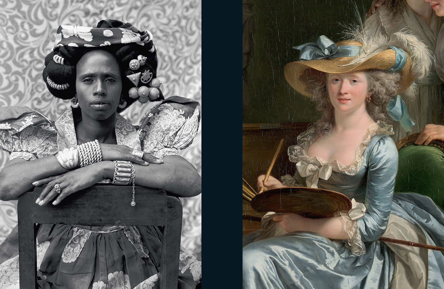 At left, a photograph of a woman seated backwards across a chair, her arms draped over the chair's back. She wears a lot of jewelry, a voluminous dress, and an elaborate updo. At right, a painting of a woman artist at work. She holds a painting palette, and wears a blue dress and hat accented with ribbons and feathers.