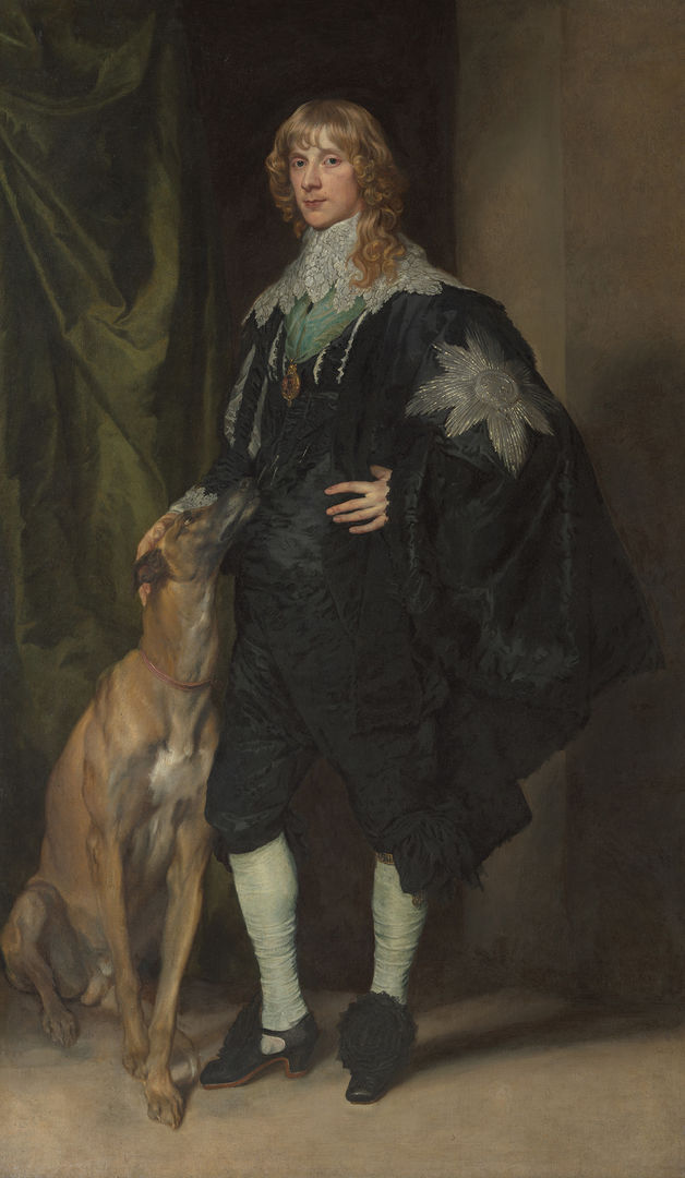Seventeenth-century portrait of a man posing with his dog. He wears a lacy collar and cape adorned with a silver star shape. The dog leans into the man's right side and looks up lovingly at him.