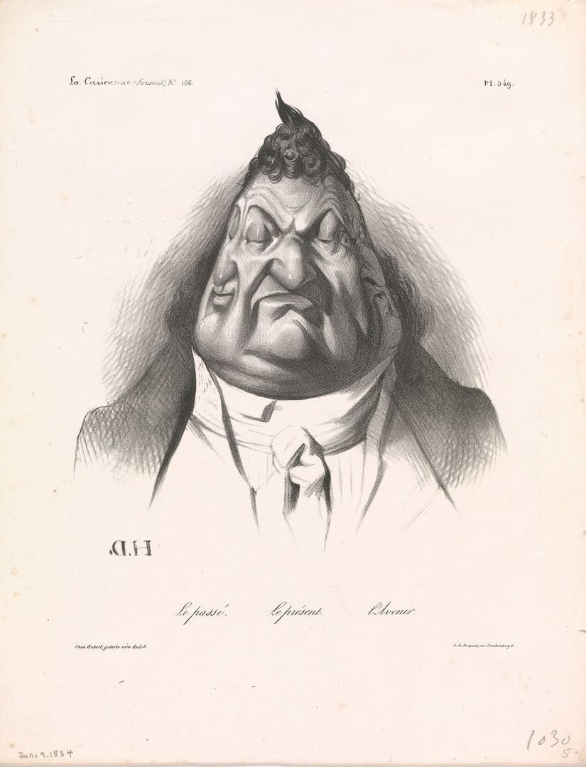 Printed caricature of King Louise Philippe of France. A corpulent, scowling figure, he has a pear-shaped, three-faced head. 