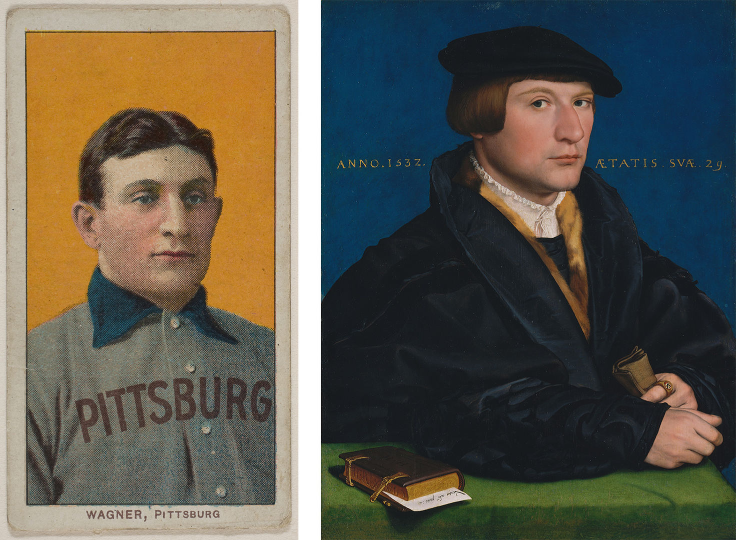 At left, baseball card showing a young man with a vacant expression. His blue-collared, gray shirt reads "PITTSBURG" across the front. At right, 16th century portrait of a finely dressed man. He gazes directly at the viewer, and his arms are placed atop a table also carrying a book. 
