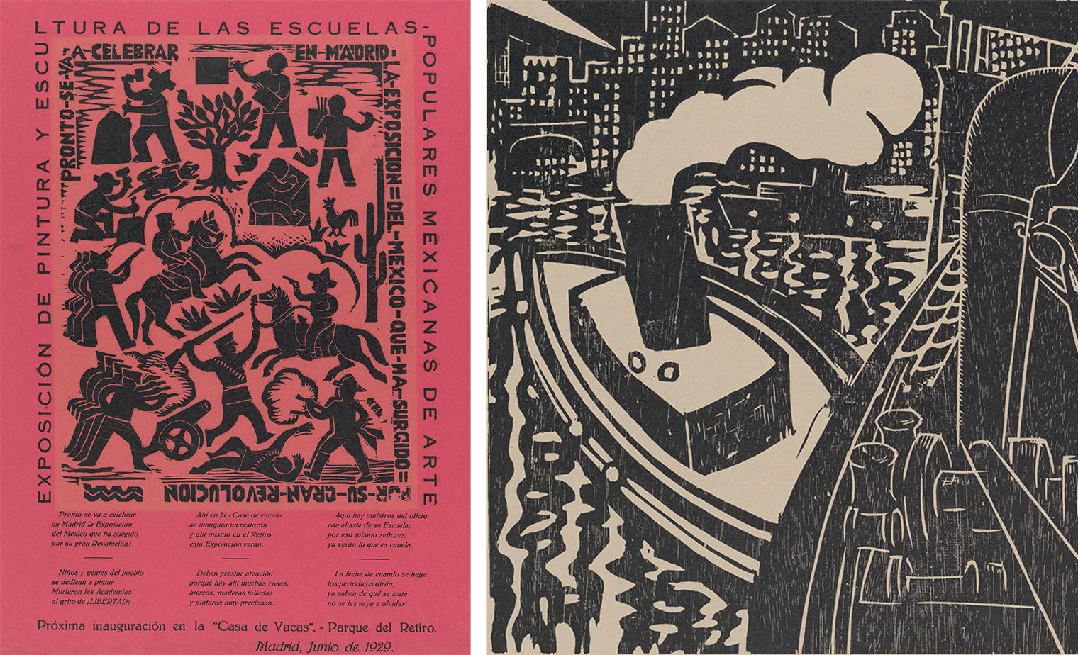 Left Image (Poster): A red poster featuring black woodcut-style imagery promoting the "Exposición de Pintura y Escultura de las Escuelas Populares Mexicanas" (Exhibition of Painting and Sculpture from the Mexican Popular Art Schools). The illustration is divided into two sections. The top half depicts various figures engaged in activities like painting and working, surrounded by a tree and cacti, symbolizing rural life. The lower half shows revolutionary scenes, including armed figures on horseback and people in combat, reminiscent of Mexico's revolutionary history. The text, in bold black, announces the upcoming exhibition in Madrid, June 1929, at the Casa de Vacas in Parque del Retiro.  Right Image (Industrial Scene): A black and white woodcut print of a steamboat moving through a river in an industrial city. The boat, depicted in bold, thick lines, emits large puffs of smoke, dominating the central portion of the image. The surrounding cityscape is illustrated with geometric buildings, and the water's surface is shown in dynamic, swirling lines. The overall scene captures a sense of urban life and industrial progress.