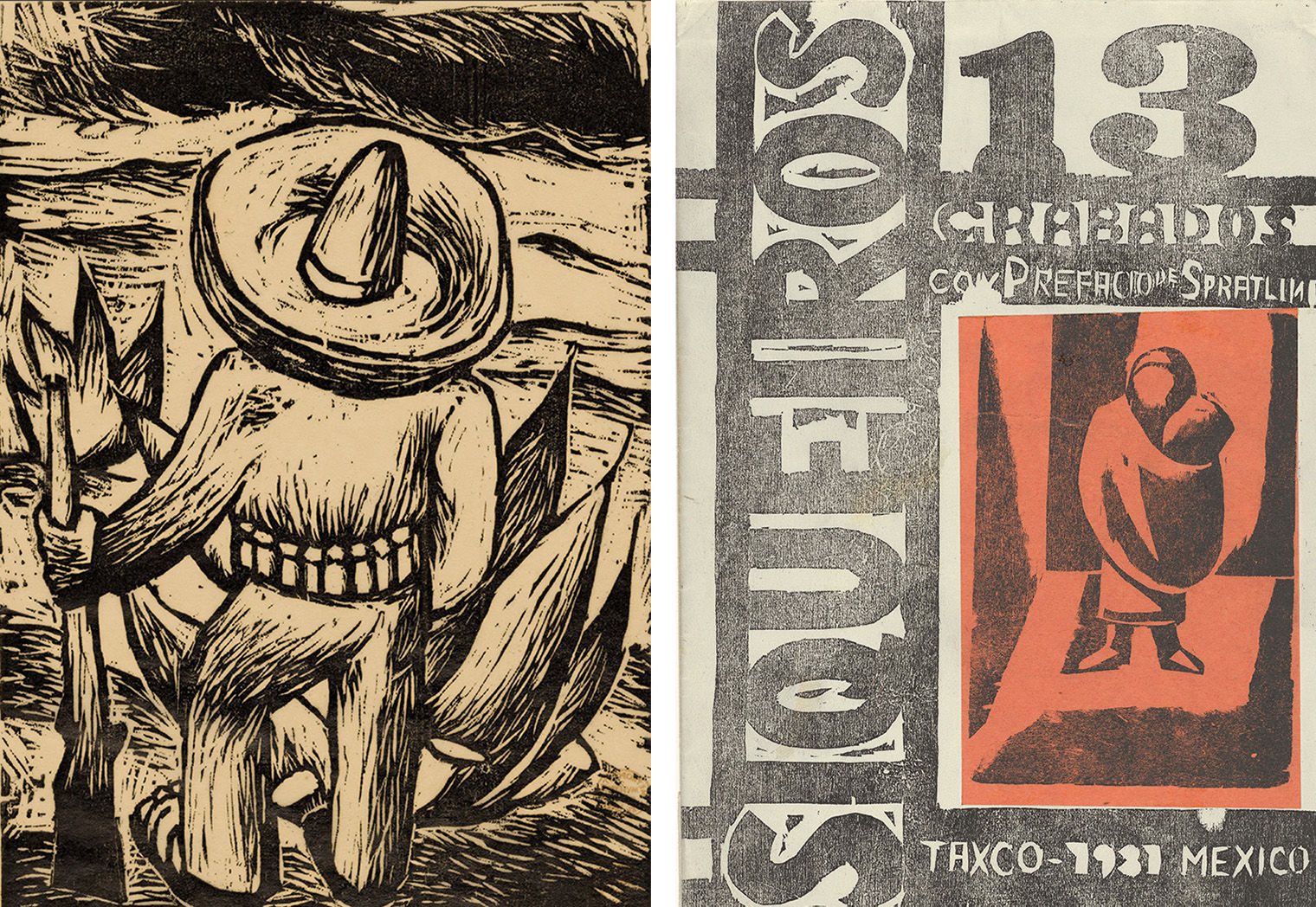 A black-and-white woodcut-style image depicting the back view of a figure, possibly a revolutionary.Right Image (Poster for "13 Grabados"): A poster in a textured, hand-carved style with large, blocky text reading "13 Grabados" (13 Prints) and "Taxco - 1931 Mexico." The black and white text is placed on the left, with a square red-orange image on the right featuring a minimalist figure of a woman holding a child, wrapped in a shawl.