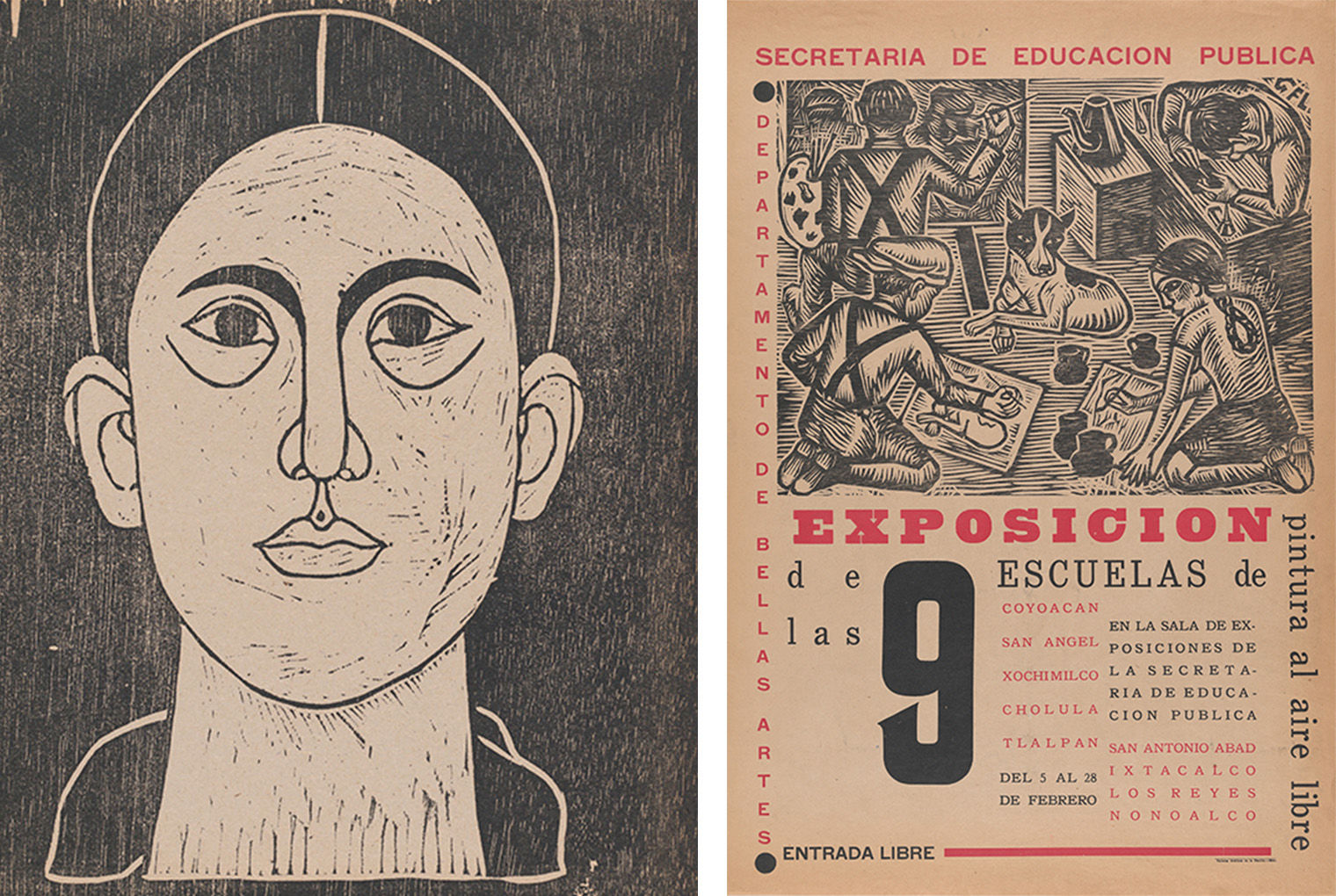 A side-by-side display: left, a black and white abstract portrait; right, a vintage poster for a public exhibition of nine schools, titled "Exposicion de las 9 Escuelas," listing various locations and events.