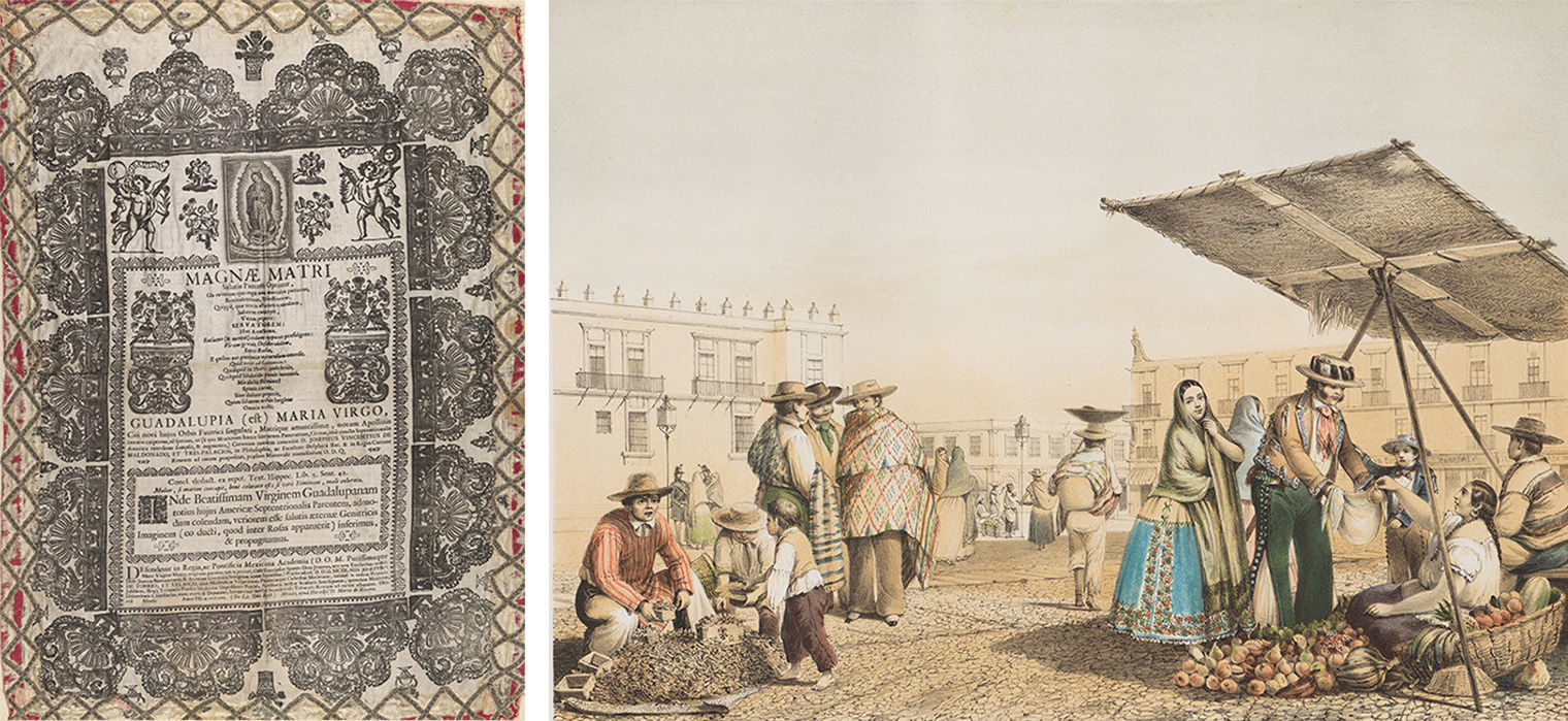 On the left, an ornate historical document; on the right, a historical painting depicting a busy outdoor market scene with vendors and customers under a large canopy.