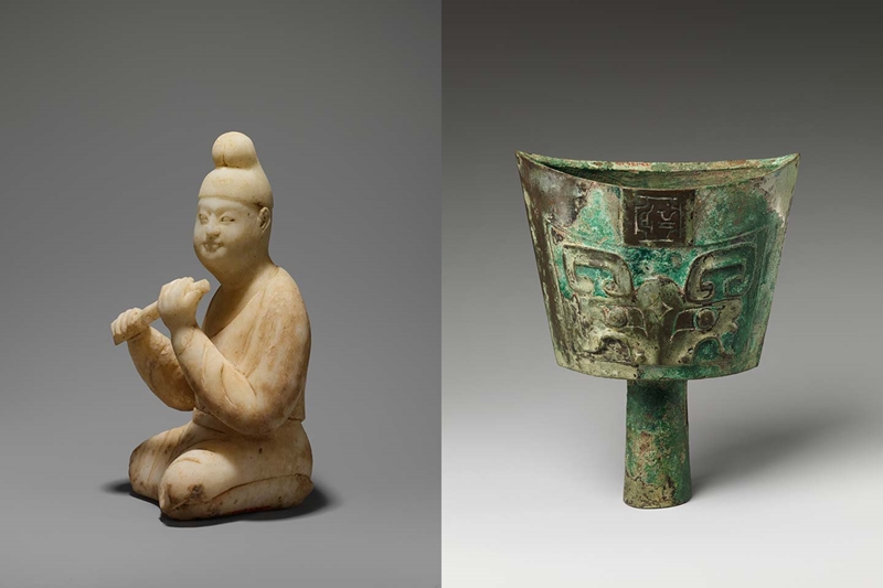 White marble statuette of a flautist and a bronze bell from ancient China