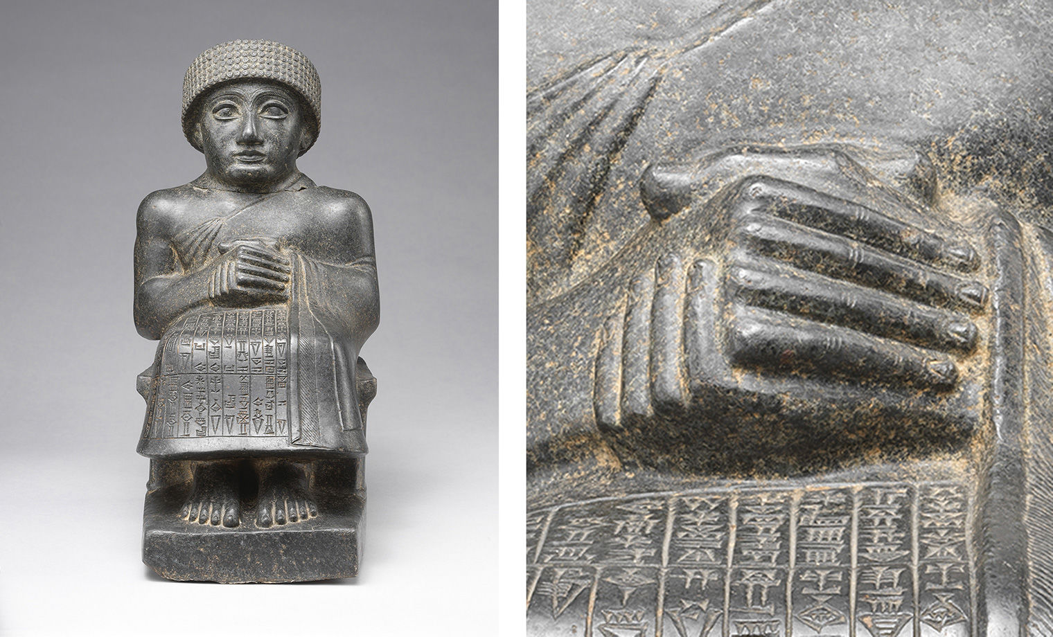 At left, statue of Gudea in dark diorite stone. Gudea is seated with hands clasped at his lap, wearing a helmet and a robe inscribed with Sumerian. At right, a close up of Gudea's clasped hands.