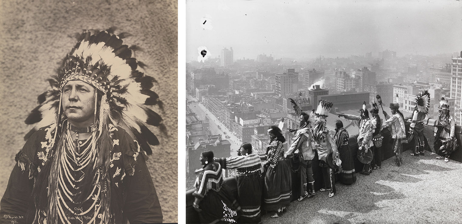 Two black-and-white photographs from the early 1900s. At left, portrait of Chief 'Fish Wolf Robe' with a calm expression, wearing a feathered headdress and necklace with many strands of beads. At right, 11 indigenous people standing on an NYC building rooftop and pointing at their environs.