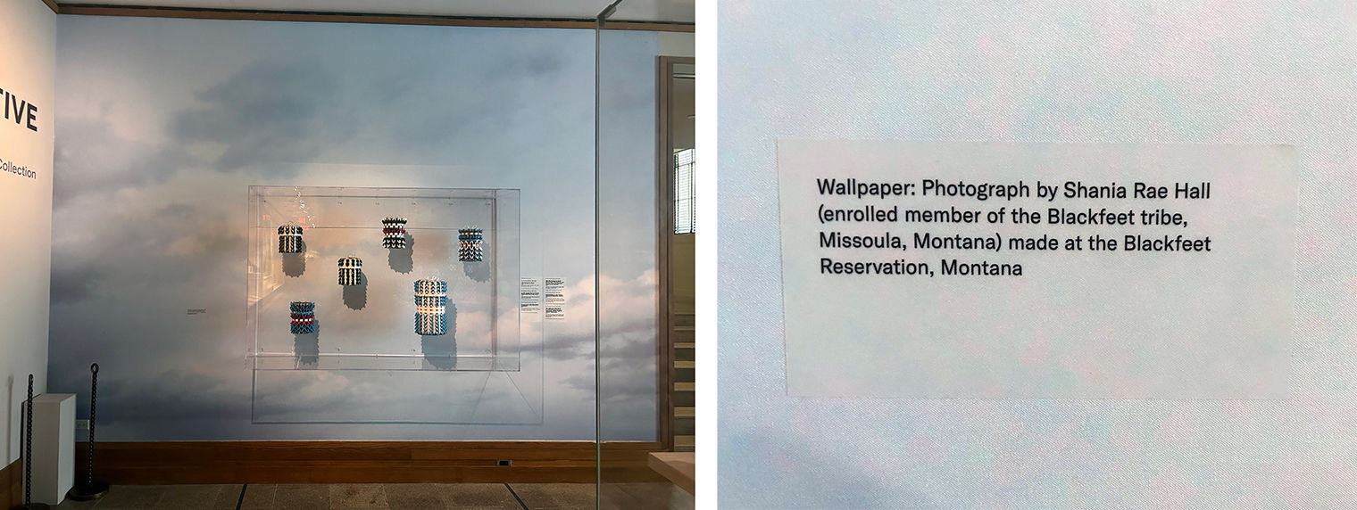At left, in-gallery view of Shania Halls's photograph as wallpaper, in front of an installation of Gail Tremblay's baskets. At right, a close-up of the wall attribution for Shania.