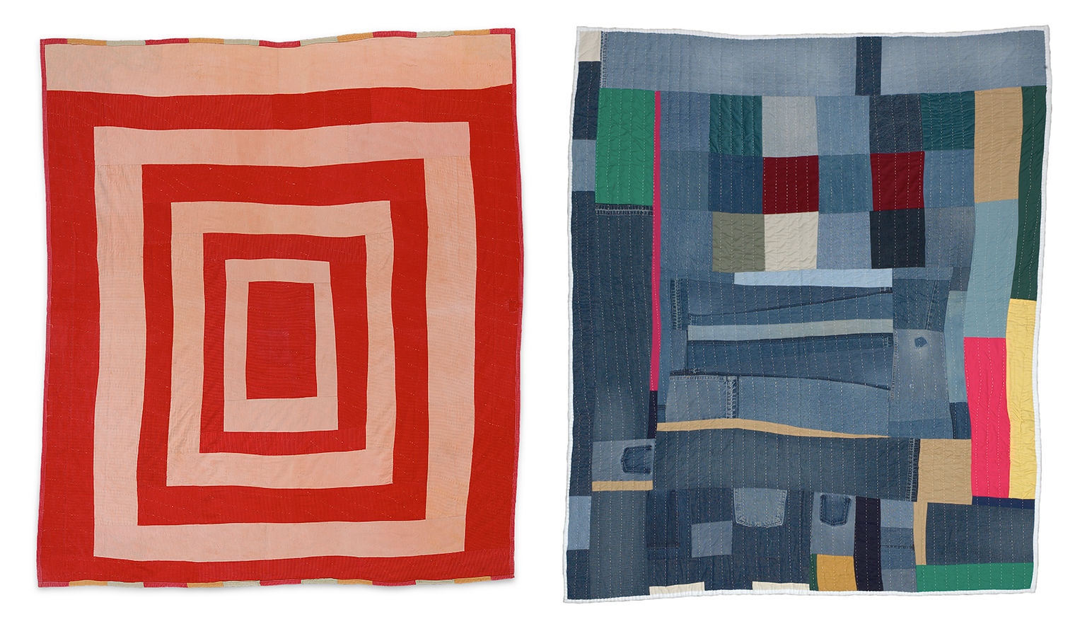 Image of two quilts against a white background. The left quilt is patterned with rectangles of alternating red and pink colors. At right, the quilt is a patchwork of squares and rectangles, mostly in shades of blue.