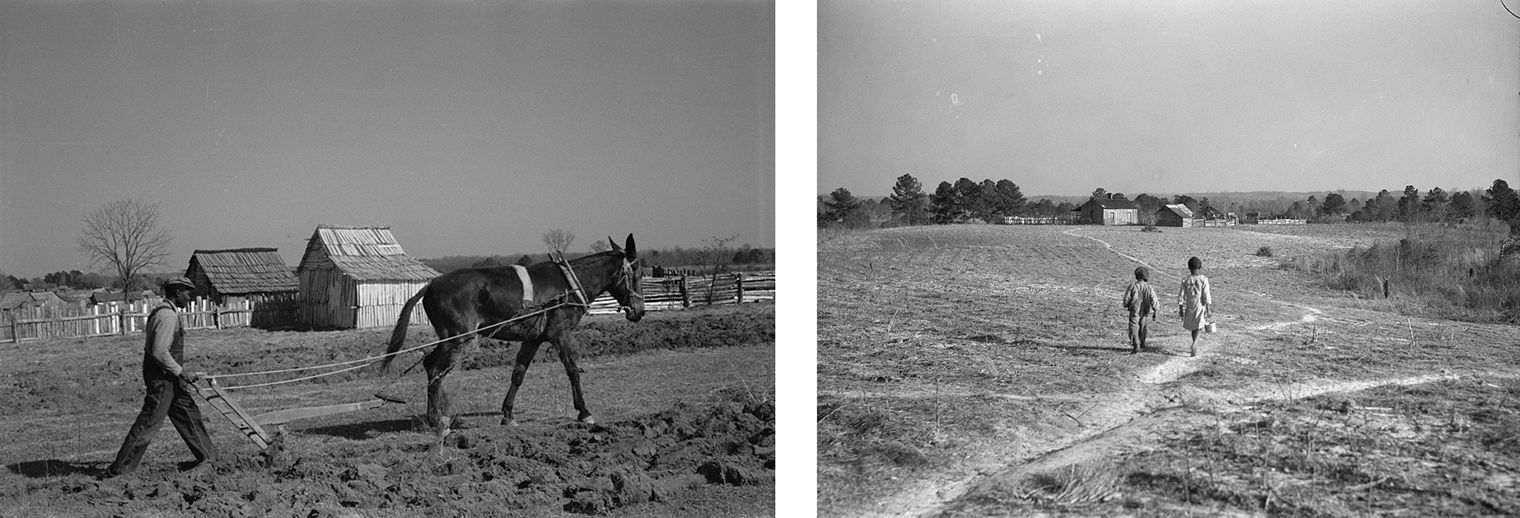 Two black-and-white photographs. At left, a figure led by a horse plows a field. At right, two children walk along a worn path cutting through a field. Two structures are visible in the distance.