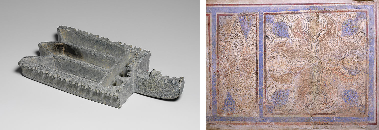 At left, 9th century stone oil lamp designed to hold several wicks. It has an angular shape, with somewhat jagged edges. At right, painted stucco panel with two geometric scenes in reds and blues.