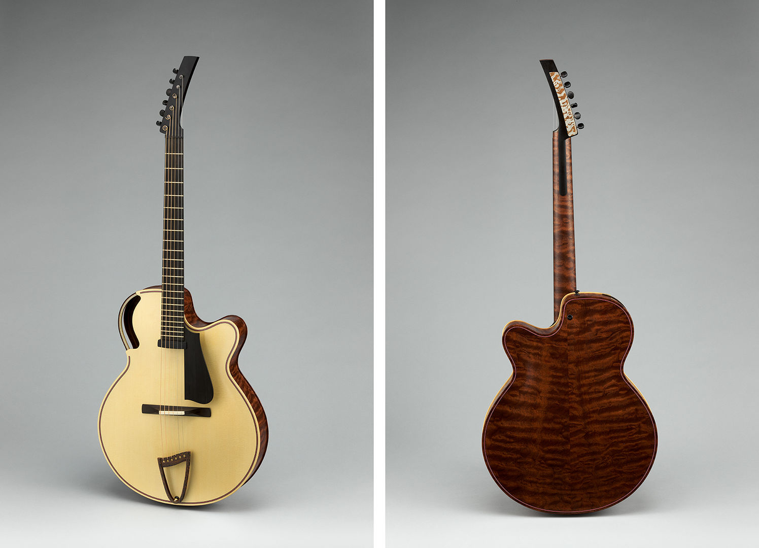 Diptych of the front and backsides of a guitar. The body of the front is a light, yellow-colored wood, while the back reflects the marbled browns of mahogany.